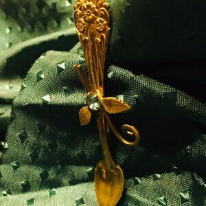 Antique Coro Gold Spoon With Blue Rhinestone Signed